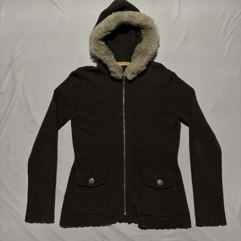 Anthropologie Sleeping On Snow Lambswool Knit Hoodie Sweater Jacket Faux Fur M